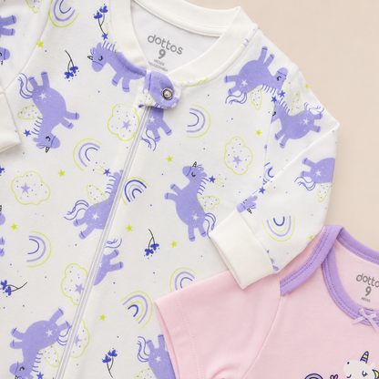 Conjunto Pijama Unicornio Lila Bebe Nina - Sleepsuit con Pies + Body Rosa | Mara Baby