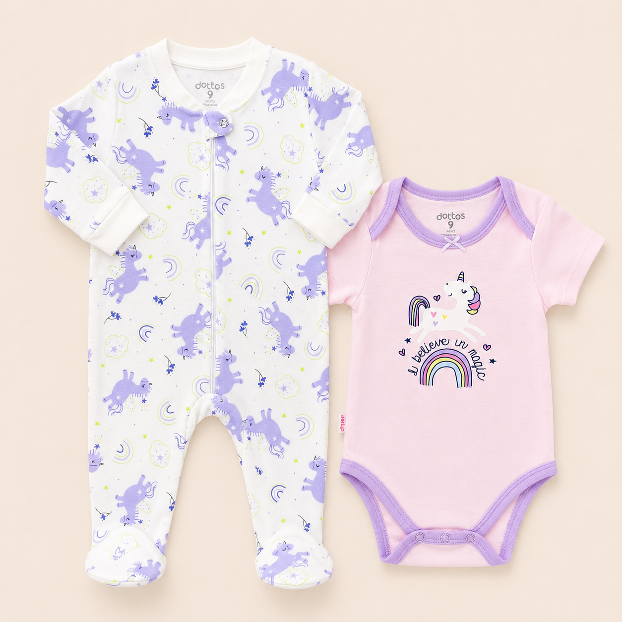 Conjunto Pijama Unicornio Lila Bebe Nina - Sleepsuit con Pies + Body Rosa | Mara Baby