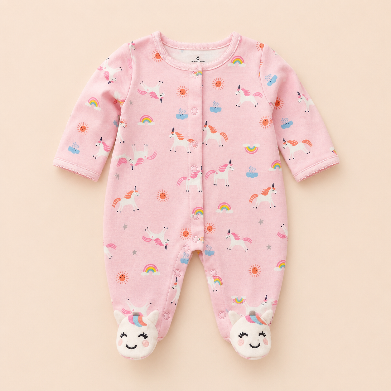 Enterizo Bebé Niña Rosa Estampado Unicornios Arcoíris con Piecitos Integrados