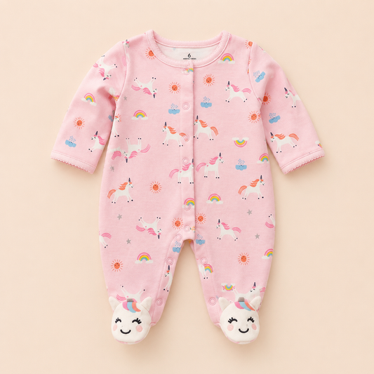 Enterizo Bebé Niña Rosa Estampado Unicornios Arcoíris con Piecitos Integrados