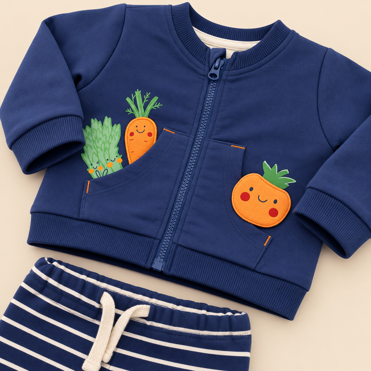 Conjunto Deportivo Bebe Nino Azul Marino con Apliques de Vegetales - Mara Baby