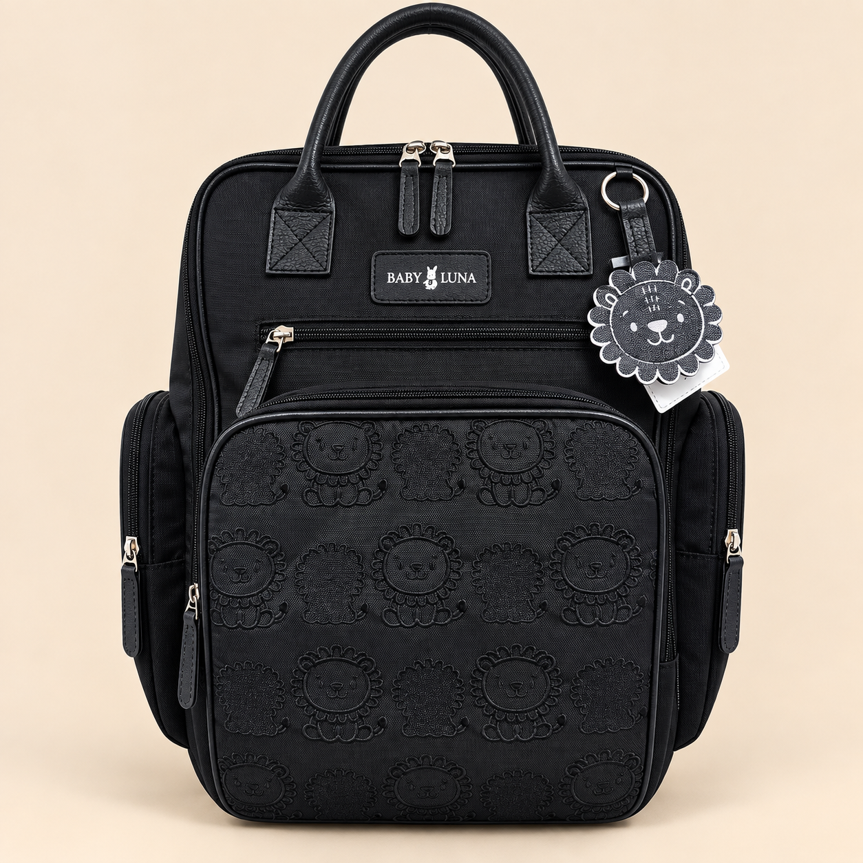 Mochila Pañalera Negra con Grabado de Leones - Mara Baby