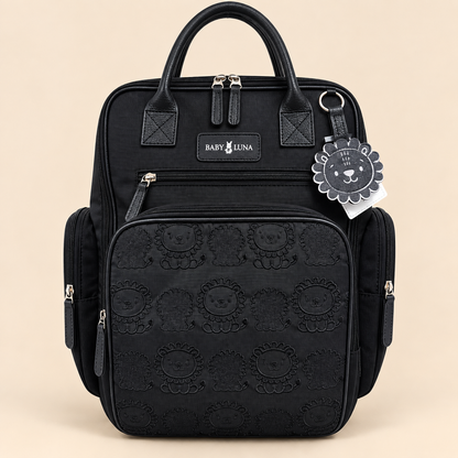 Mochila Pañalera Negra con Grabado de Leones - Mara Baby