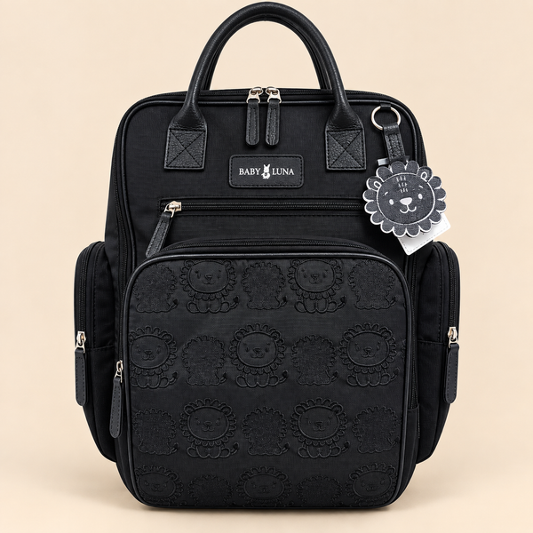Mochila Pañalera Negra con Grabado de Leones - Mara Baby