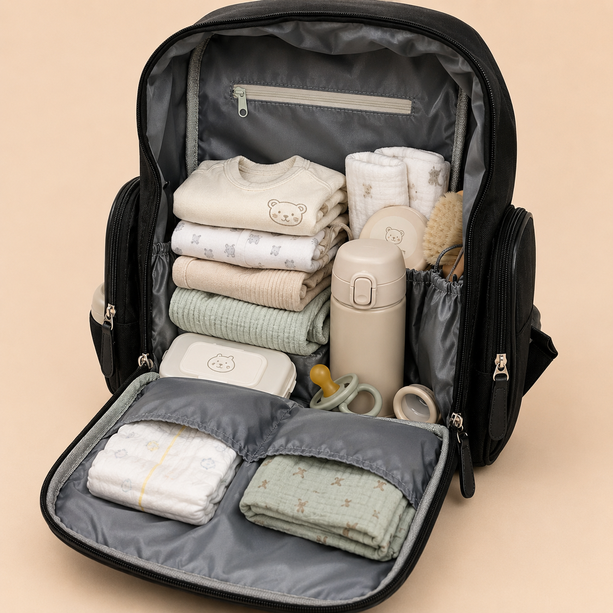 Mochila Pañalera Negra con Grabado de Leones - Mara Baby