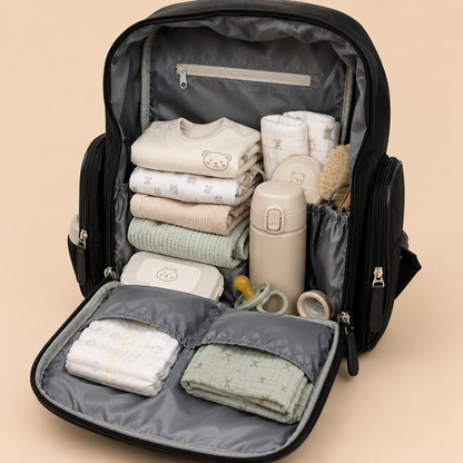 Mochila Pañalera Negra con Grabado de Leones - Mara Baby