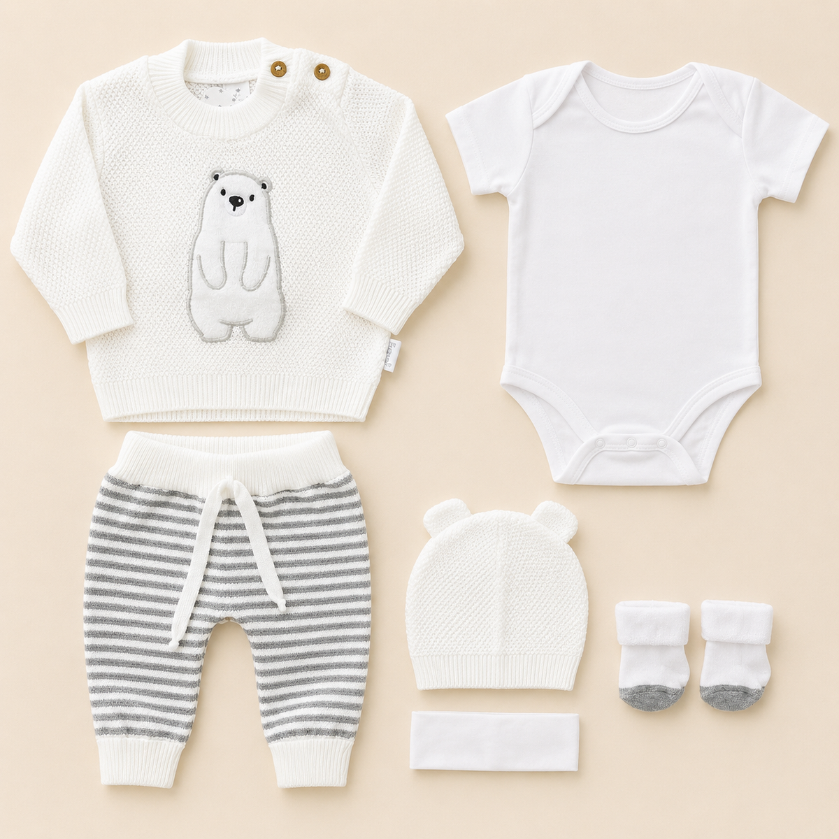 Set Tejido Blanco Oso 5 Piezas para Bebé Recién Nacido