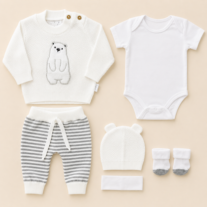Set Tejido Blanco Oso 5 Piezas para Bebé Recién Nacido