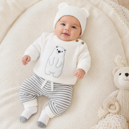 Set Tejido Blanco Oso 5 Piezas para Bebé Recién Nacido