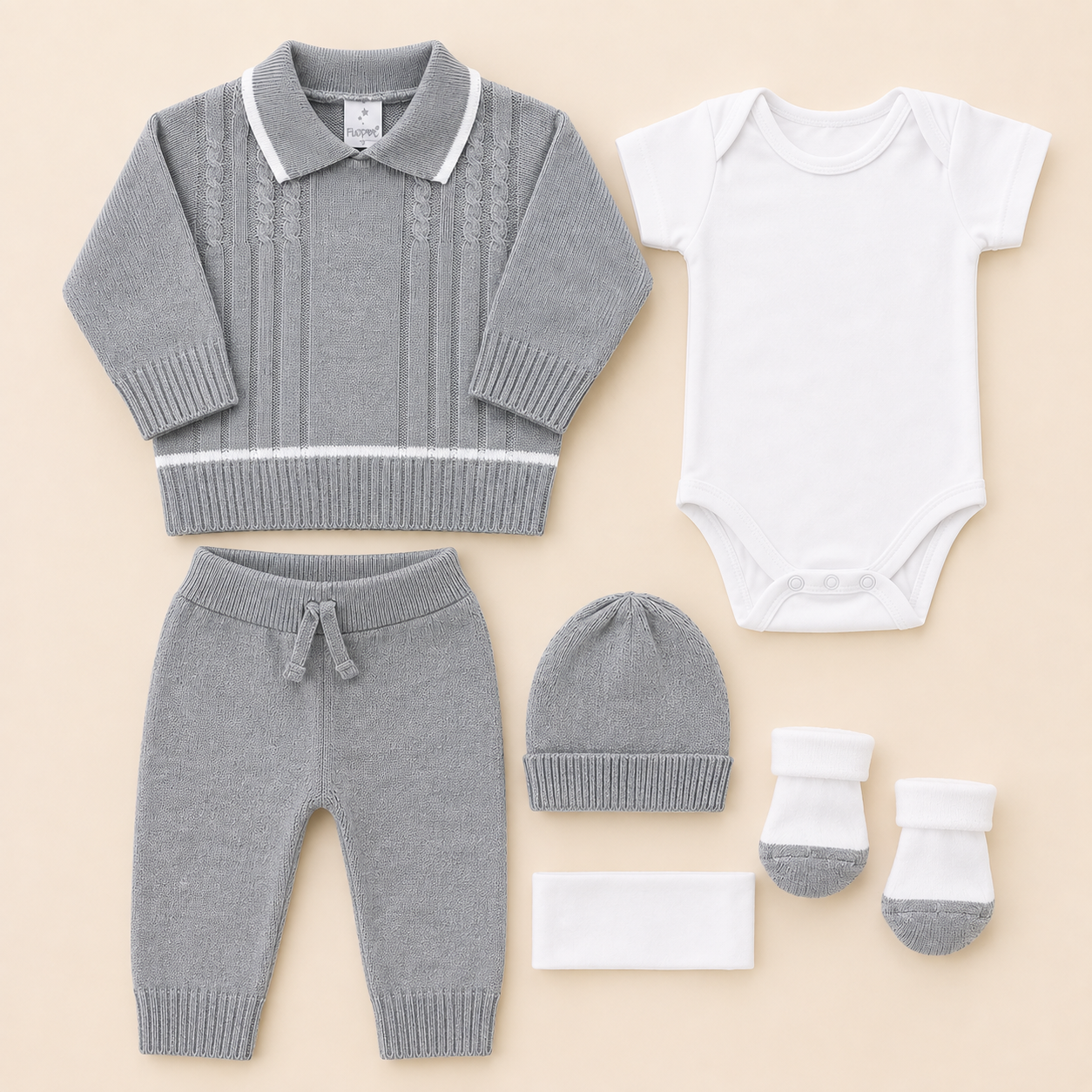 ⚪️ Set Tejido Gris 6 Piezas para Bebé Recién Nacido | Ref. Willy