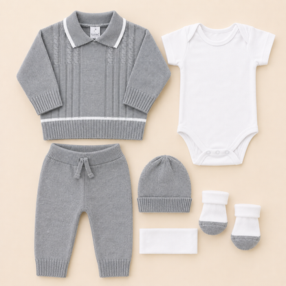 ⚪️ Set Tejido Gris 6 Piezas para Bebé Recién Nacido | Ref. Willy