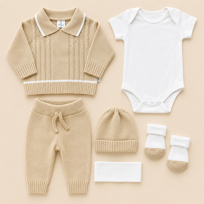 ⚪️ Set Tejido Beige 6 Piezas para Bebé Recién Nacido REF. WILLY