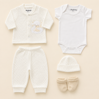 Conjunto Tejido Bebé 5 Piezas Blanco Conejito — Recién Nacido | Mara Baby