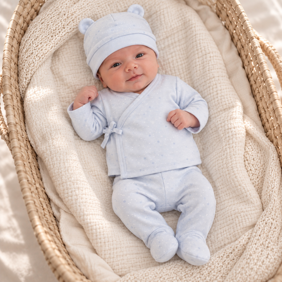 -Set 3 Piezas Recién Nacido Azul Celeste | Camiseta Cruzada, Pantalón con Pies y Gorrito