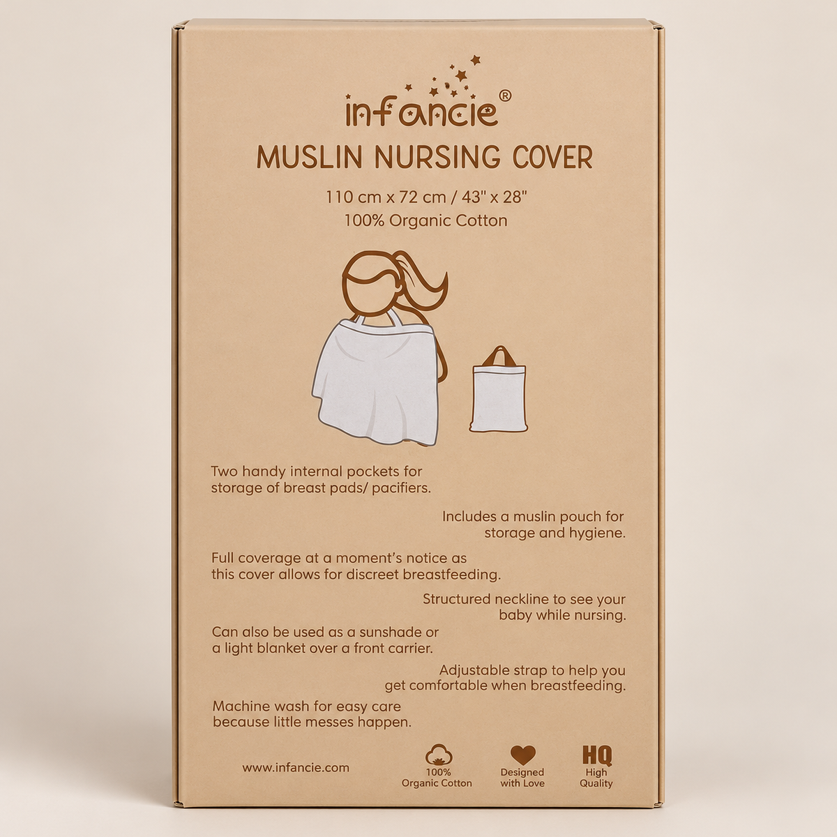 Empaque posterior de la muselina cubrelactancia Infancie beige con información de uso y cuidados