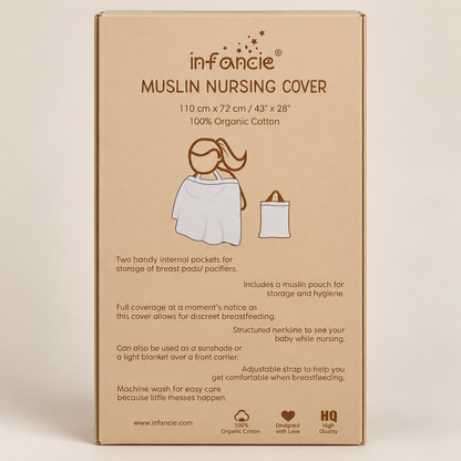 Empaque posterior de la muselina cubrelactancia Infancie beige con información de uso y cuidados