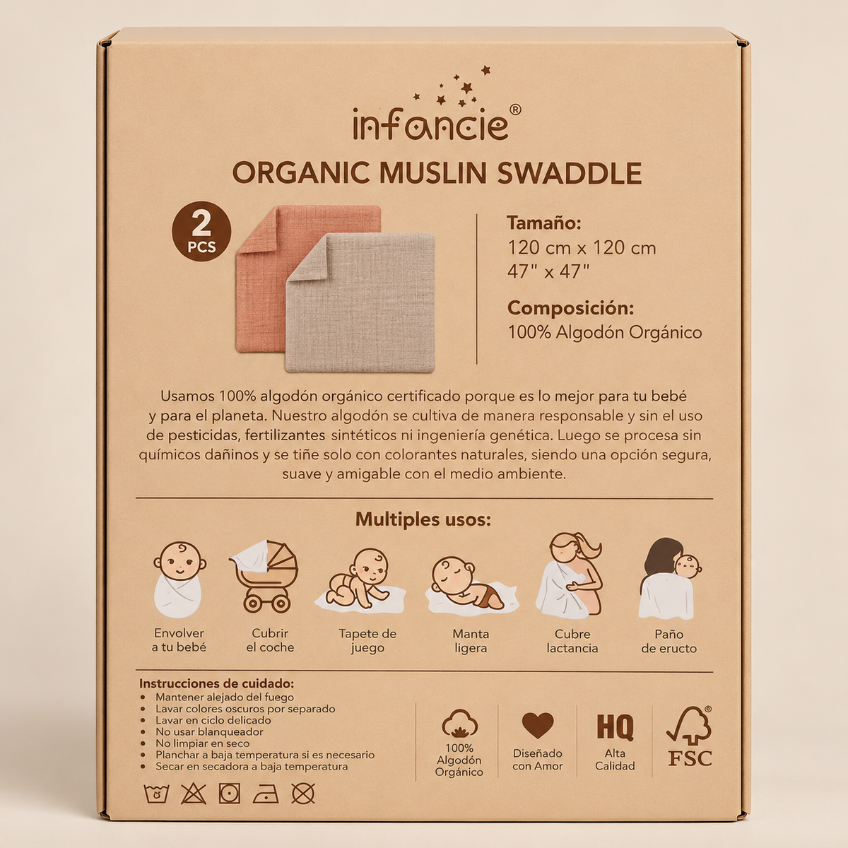 Empaque del set de muselinas Infancie terracota y beige con medidas de 120 × 120 cm y cuidados