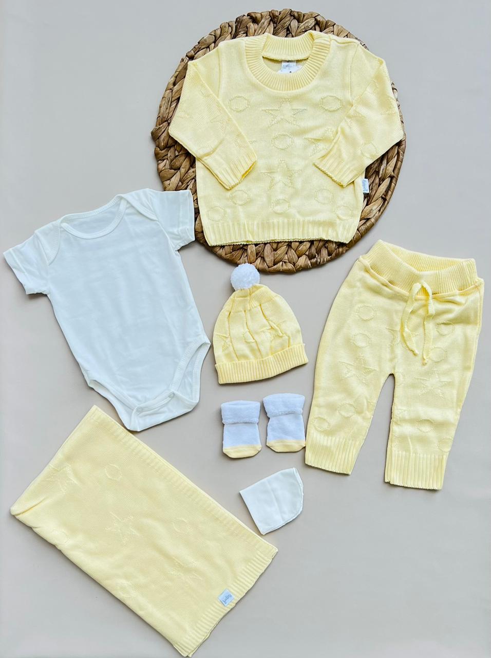 SET TEJIDO DE LUJO PARA RECIEN NACIDO - AJUAR COMPLETO - COLOR AMARILLO