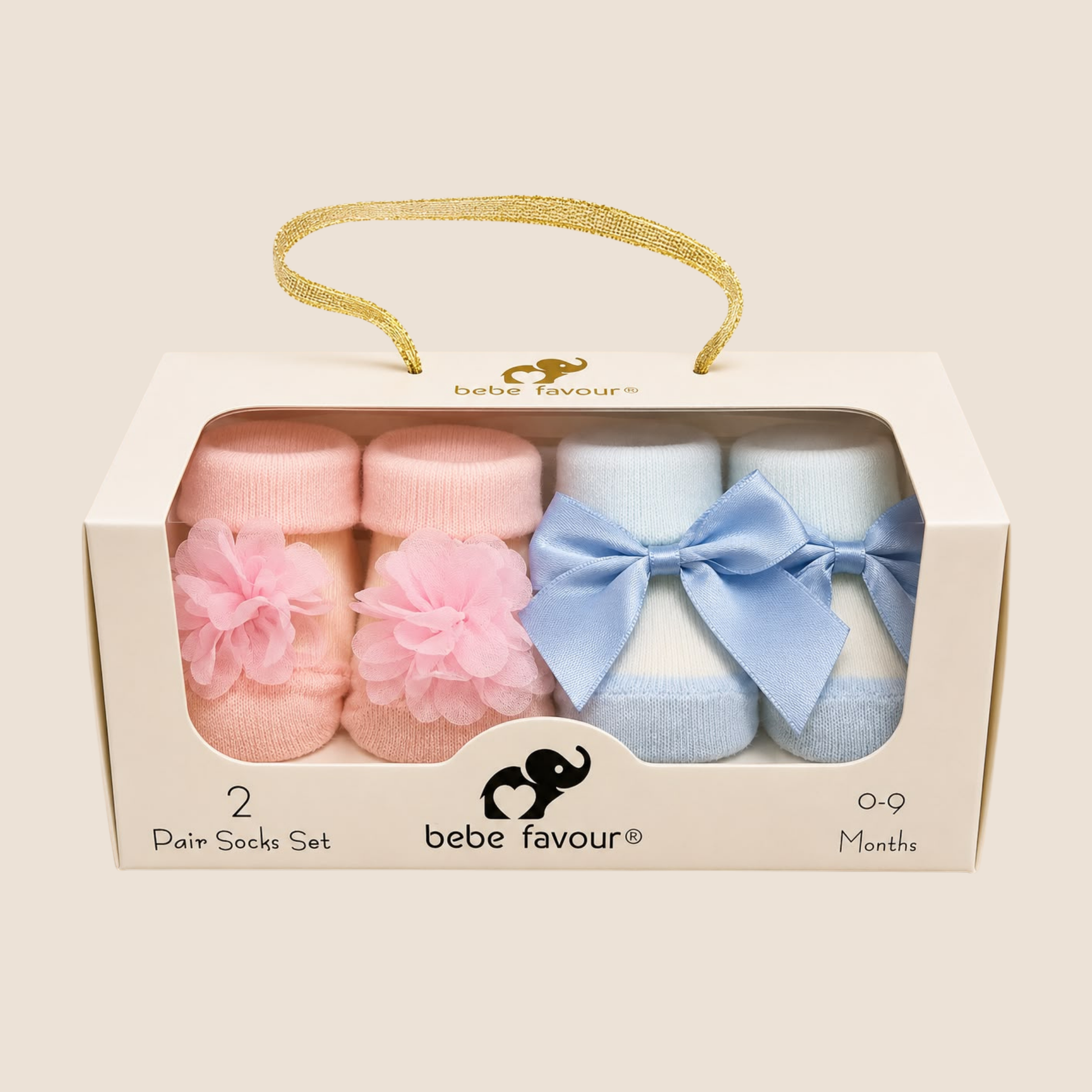 Set 2 pares medias Bebe Favour en caja de regalo con asa dorada: rosa con flor de tul y azul cielo con moño de satín, talla 0-9 meses
