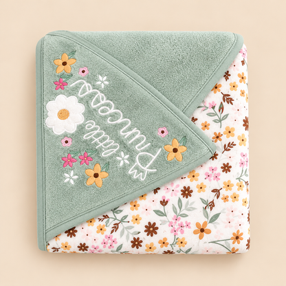 Toalla de baño para bebé con capucha floral verde menta y blanca