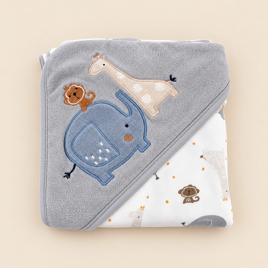 Toalla de baño para bebé gris y blanca con capucha safari y animales bordados