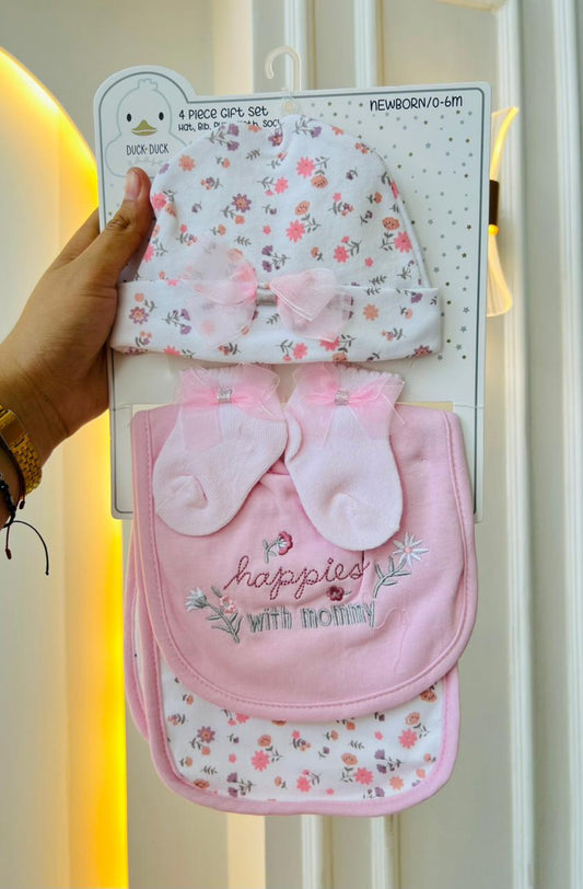 SET BABERO,MEDIA Y GORRO - ROSA FLORES