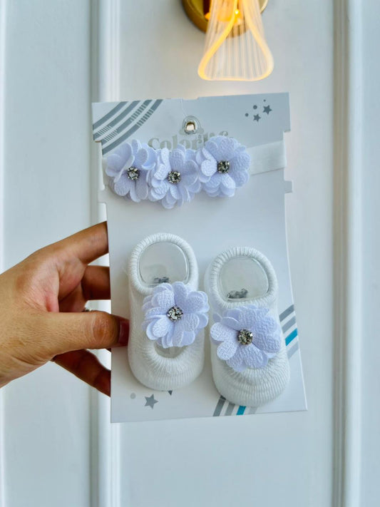 SET BALERINAS ANTIDESLIZANTES CON DIADEMA - FLORAL BLANCO