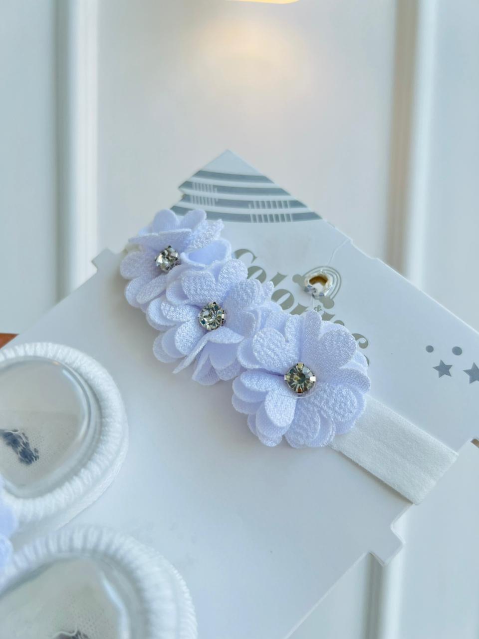 SET BALERINAS ANTIDESLIZANTES CON DIADEMA - FLORAL BLANCO