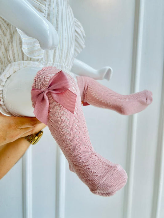 MEDIAS ESPAÑOLAS PARA BEBE CON LAZO - COLOR ROSA - TALLA S & M