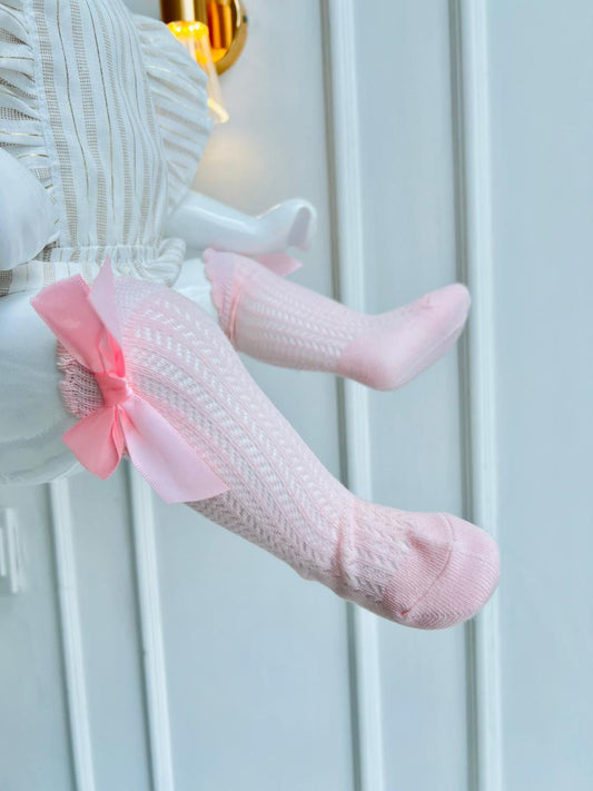 MEDIAS ESPAÑOLAS PARA BEBE CON LAZO - COLOR ROSA CLARO - TALLA M