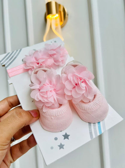 SET BALERINAS ANTIDESLIZANTES CON DIADEMA - FLORAL ROSADO