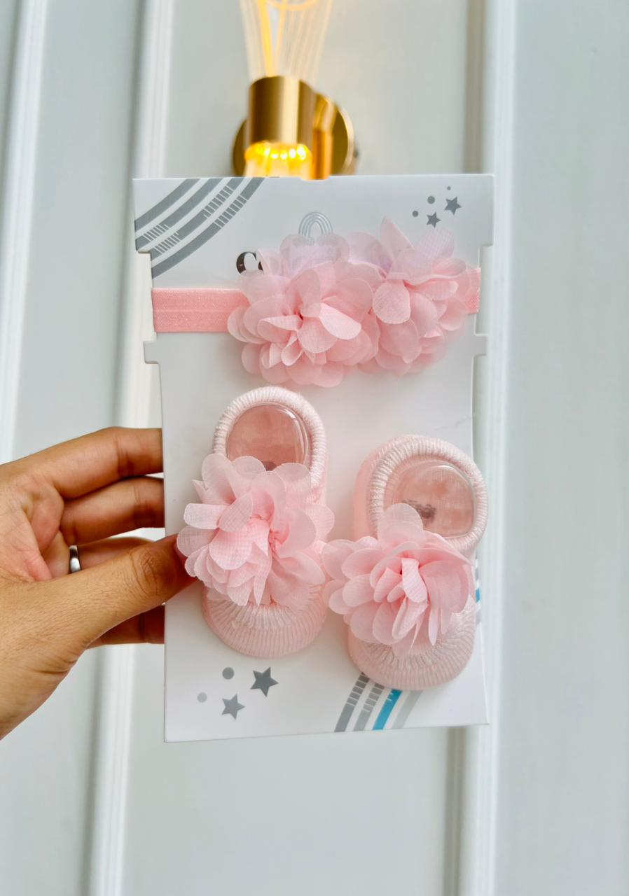 SET BALERINAS ANTIDESLIZANTES CON DIADEMA - FLORAL ROSADO