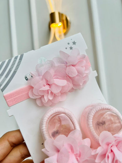 SET BALERINAS ANTIDESLIZANTES CON DIADEMA - FLORAL ROSADO
