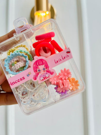SET DE ACCESORIOS PARA CABELLO INFANTIL - KIT LIGAS Y PINZAS