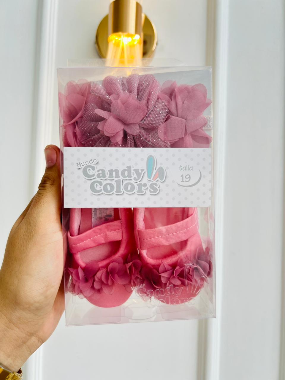 SET BALETAS Y DIADEMA - COLOR ROSADAS CON FLORES