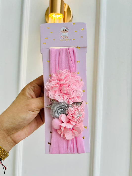 DIADEMA TURBANTE PARA BEBÉ CON FLORES DECORATIVAS - COLOR ROSADO