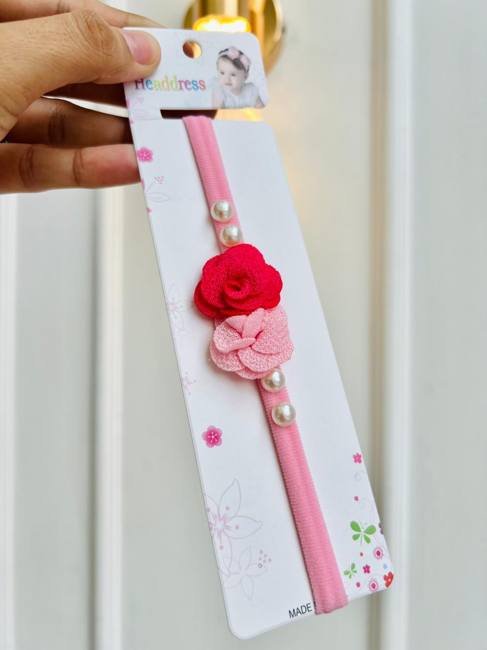 DIADEMAS ELASTICAS PARA BEBÉ - DISEÑO FLORES Y PERLAS