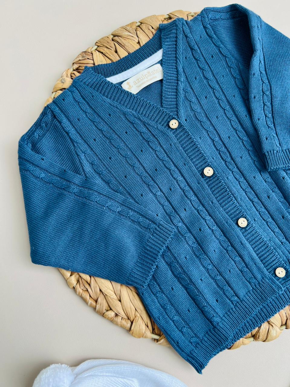 ⚪️ Conjunto Tejido Clásico para Bebé | Cardígan Azul Petróleo, Polaina, Body y Gorro | 4 Piezas |