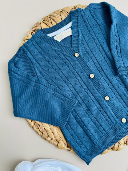 ⚪️ Conjunto Tejido Clásico para Bebé | Cardígan Azul Petróleo, Polaina, Body y Gorro | 4 Piezas |