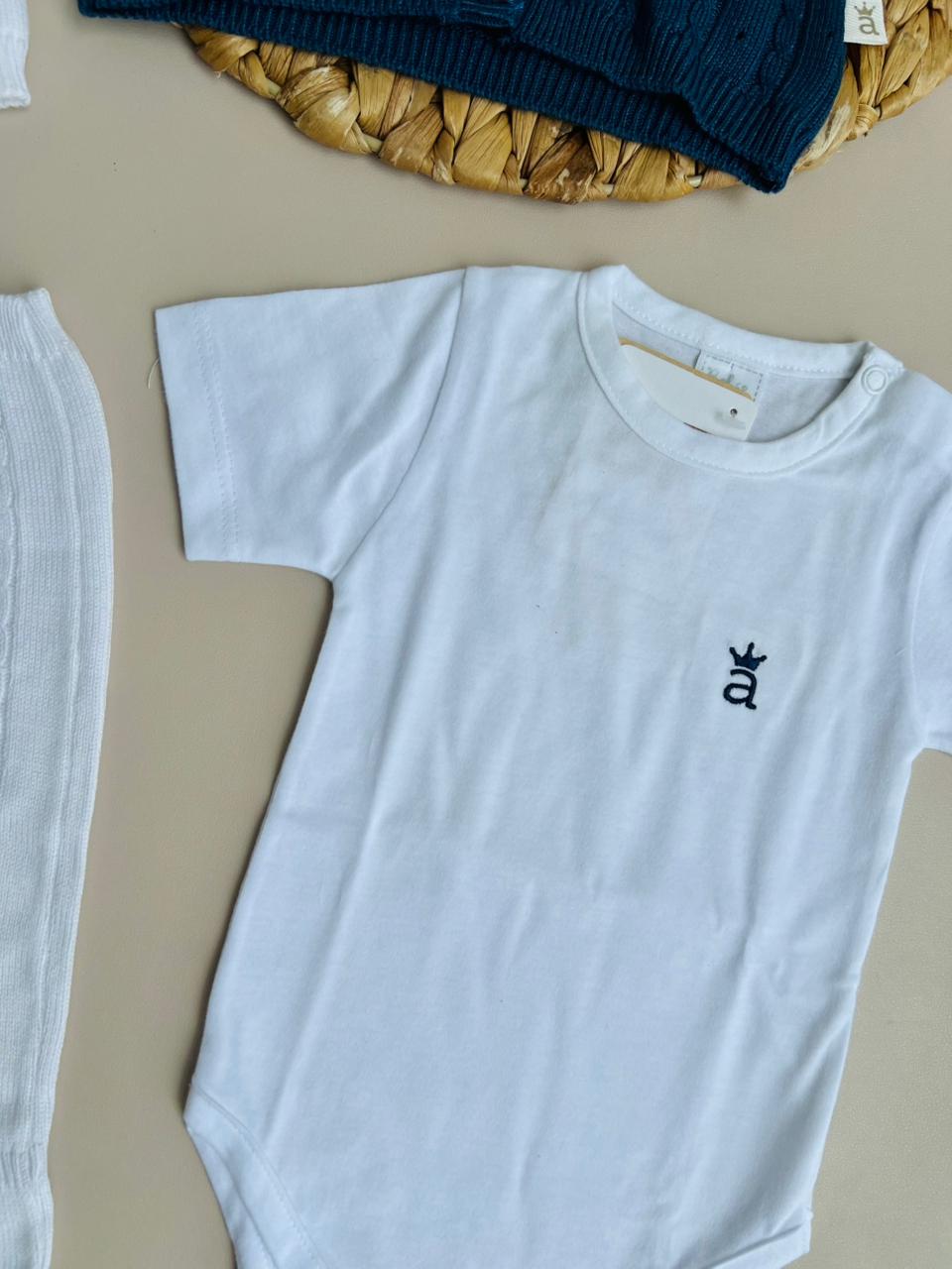 ⚪️ Conjunto Tejido Clásico para Bebé | Cardígan Azul Petróleo, Polaina, Body y Gorro | 4 Piezas |