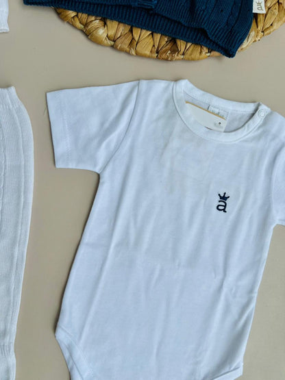 ⚪️ Conjunto Tejido Clásico para Bebé | Cardígan Azul Petróleo, Polaina, Body y Gorro | 4 Piezas |