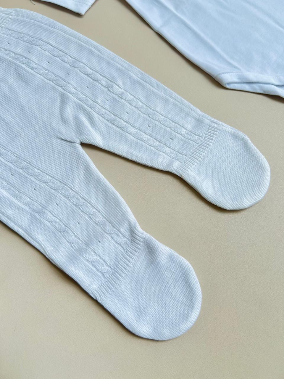 ⚪️ Conjunto Tejido Clásico para Bebé | Cardígan Azul Petróleo, Polaina, Body y Gorro | 4 Piezas |