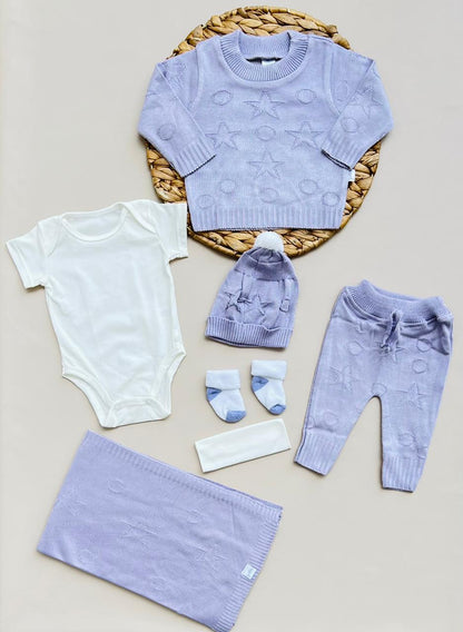 SET TEJIDO DE LUJO PARA RECIEN NACIDA - AJUAR COMPLETO - COLOR MORADO
