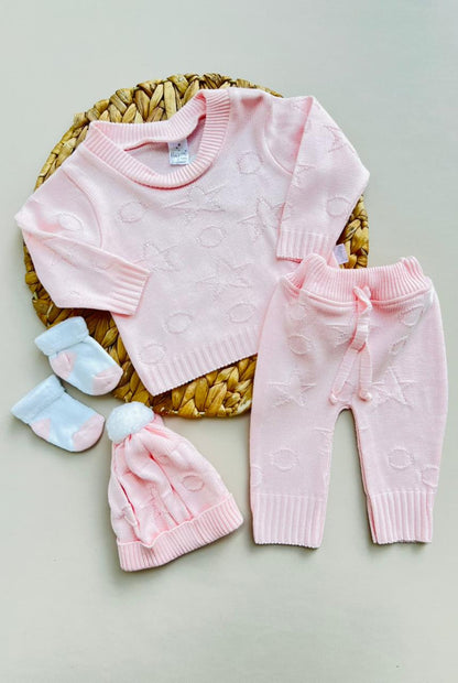 SET TEJIDO PREMIUM PARA RECIEN NACIDA - AJUAR COMPLETO - COLOR ROSADO