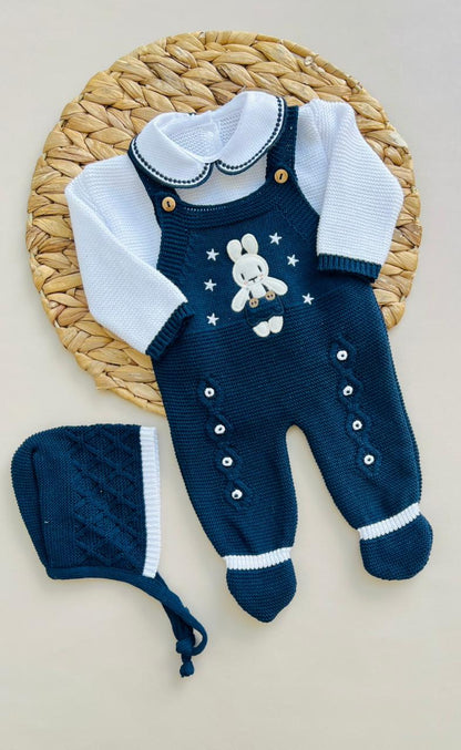 SET MARA TEJIDO PREMIUM - CONEJITO Y ESTRELLITAS - COLOR AZUL