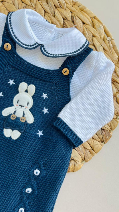 SET MARA TEJIDO PREMIUM - CONEJITO Y ESTRELLITAS - COLOR AZUL