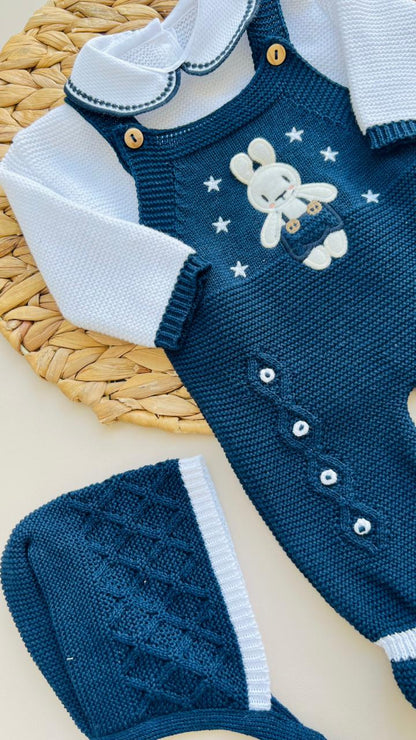 SET MARA TEJIDO PREMIUM - CONEJITO Y ESTRELLITAS - COLOR AZUL