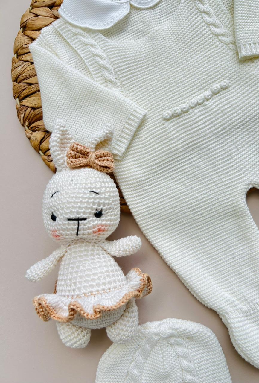 SET MARA TEJIDO PREMIUM - CONEJITA Y AMOR PURA - COLOR BLANCO