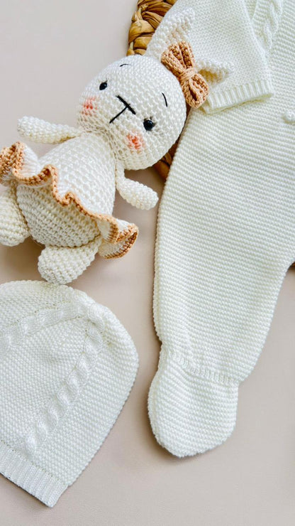 SET MARA TEJIDO PREMIUM - CONEJITA Y AMOR PURA - COLOR BLANCO