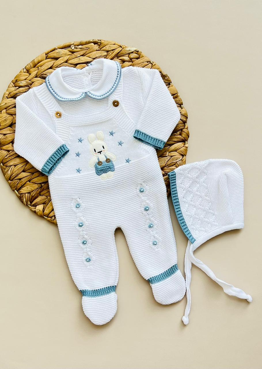 SET MARA TEJIDO PREMIUM - BORDADO CONEJITO - COLOR BLANCO